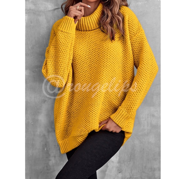 Mustard Yellow Knit Turtleneck Pullover Sweater Long Sleeve Loose Fit Oversized - Picture 4 of 8